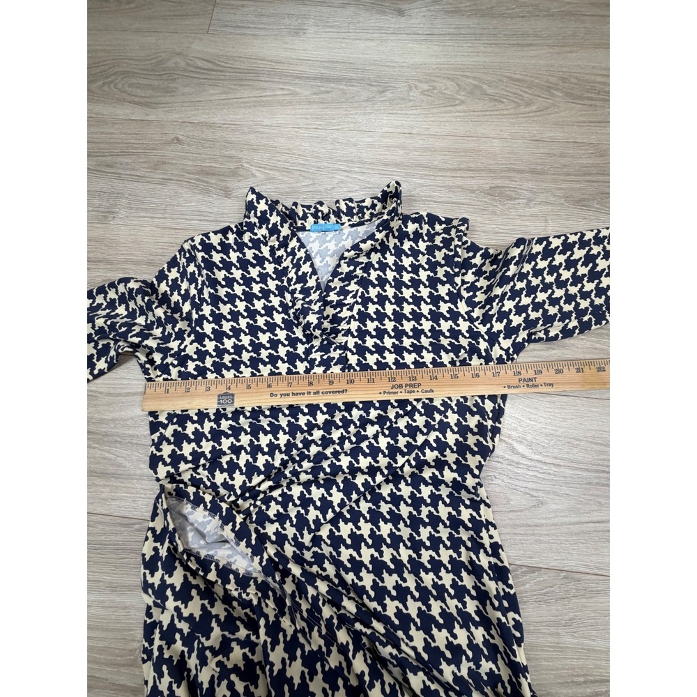 J. McLaughlin Navy Blue Cream Houndstooth Ruffle Neck A-Line Dress Womens Medium - Picture 3 of 9